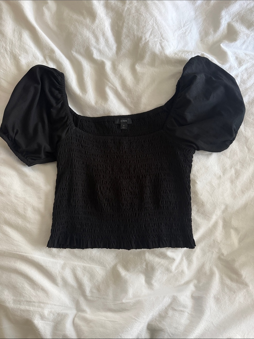 J. Crew Black Puff Sleeve Smocked Crop Top